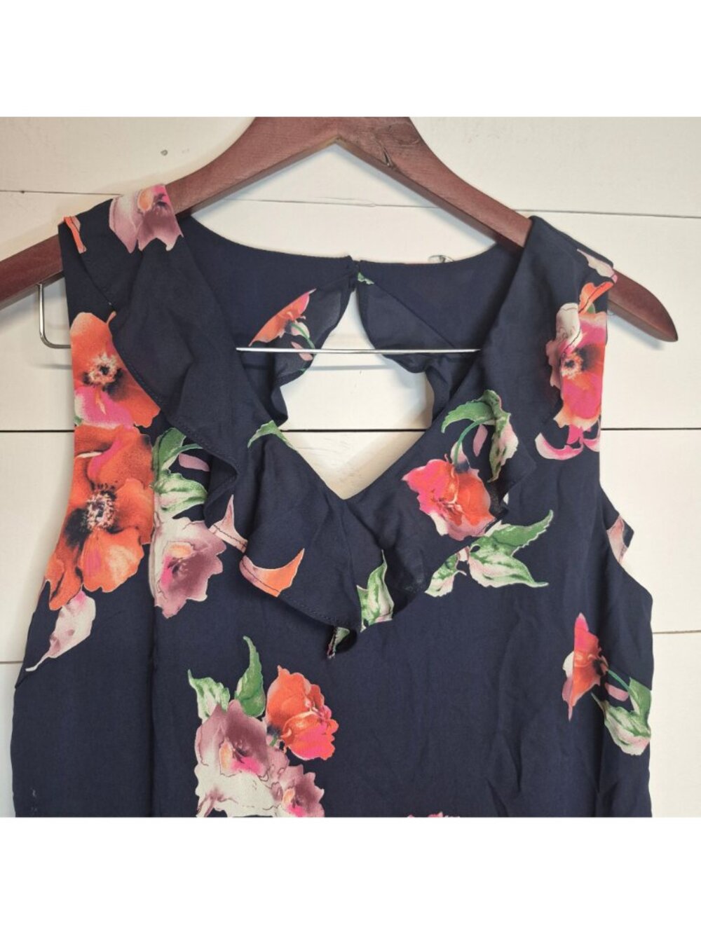 Skies Are Blue Floral Sleeveless Navy Dress With Ruffle Neckline - Picture 2 of 7